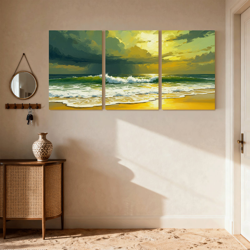 Nautique et plage coucher de soleil océan vagues plage ciel nuages dorés ensemble de 3 impressions d'art sur toile