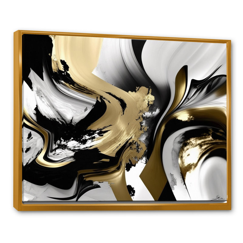 Golden Wave Reflections II - Art mural encadré abstrait, H 34 po x l 44 po x P 1,5 po, Cadre flottant doré
