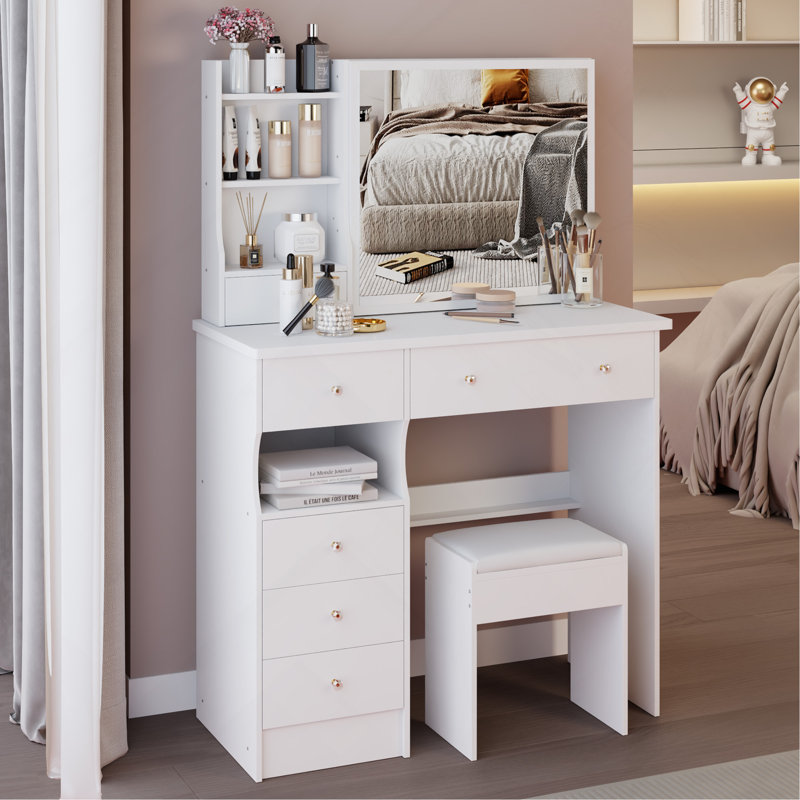 Table de meuble-lavabo de 37 po avec tabouret rembourré, rangement de grande capacité et commode pratique 37 po, Blanc