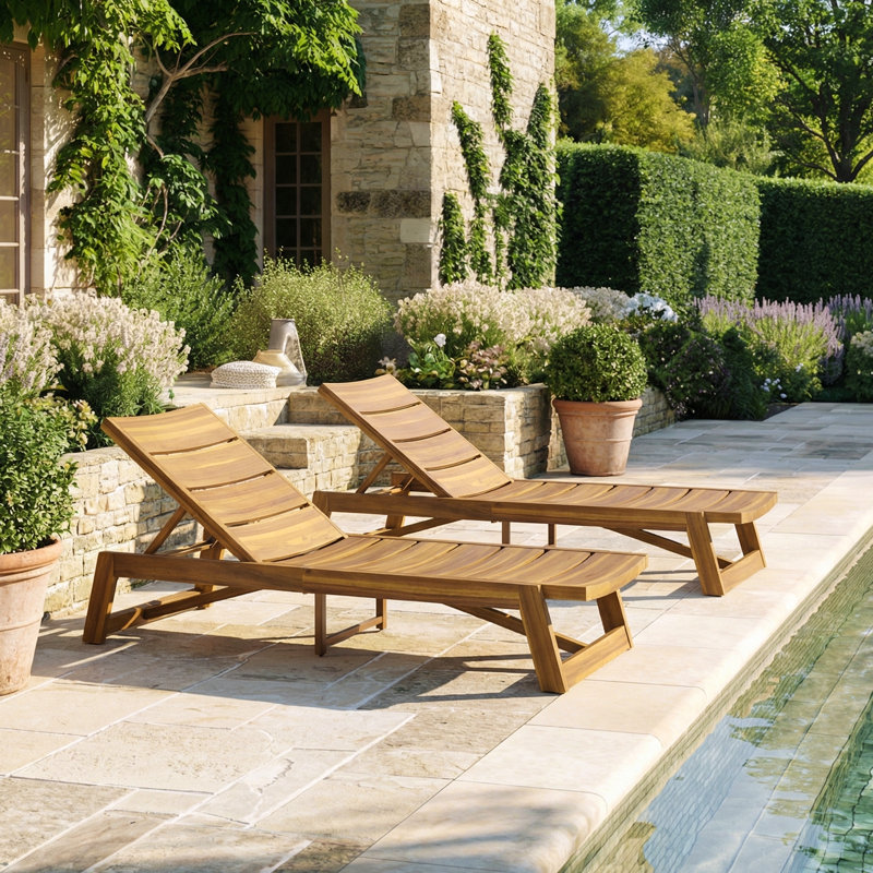 Ensemble de chaises longues inclinables en acacia de 78,75 po Vinita, Teck / gris clair délavé / gris, 2