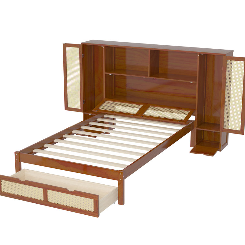 Lit plateforme simple en bois avec casiers de rangement, tiroir et tête de lit Enchanting, Noyer