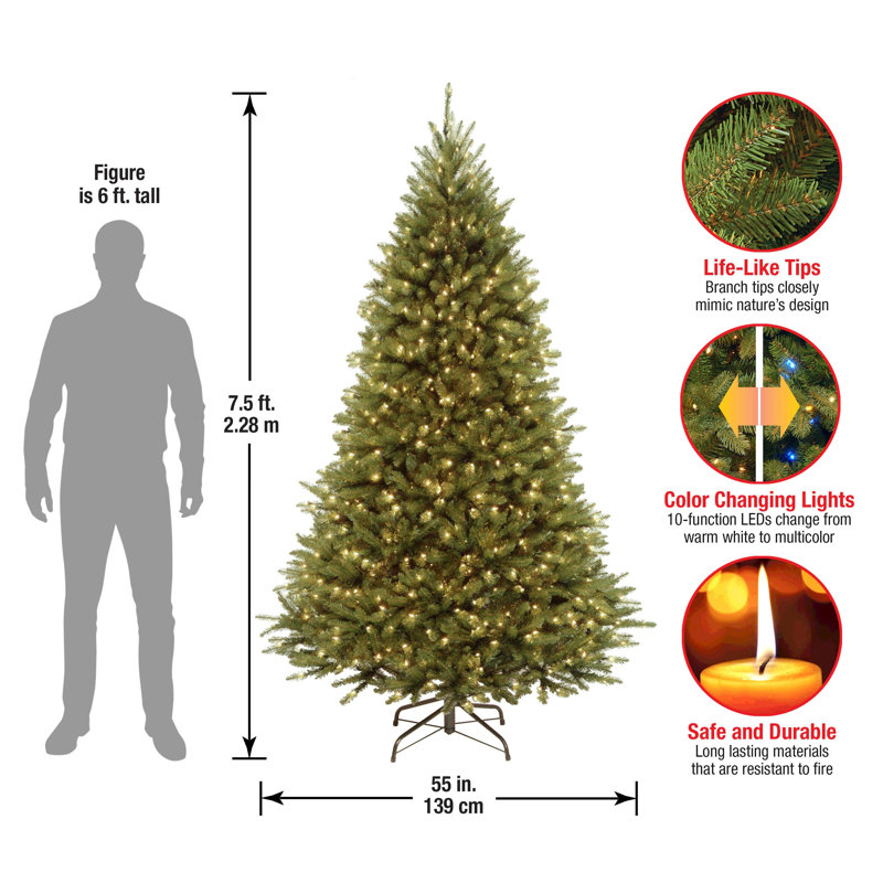 Kingswood 7.5’ Green Fir Artificial Christmas Tree with 450 Colored and White Lights with Stand, Regular (Full), 7.5'