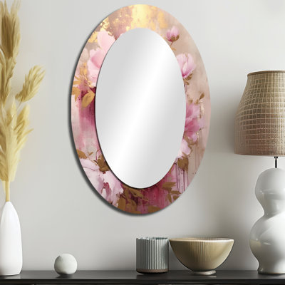 Pivoines roses et dorées dans un éclat - miroir mural ovale traditionnel rose