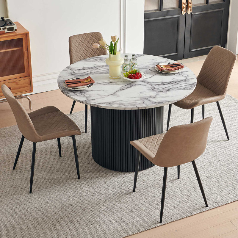 4-Person Dining Set, Beige, White Marble