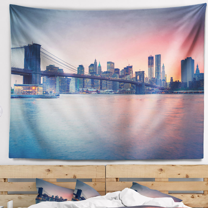 Paysage urbain de brooklyn bridge au crépuscule tapisserie, H 50 po x l 60 po