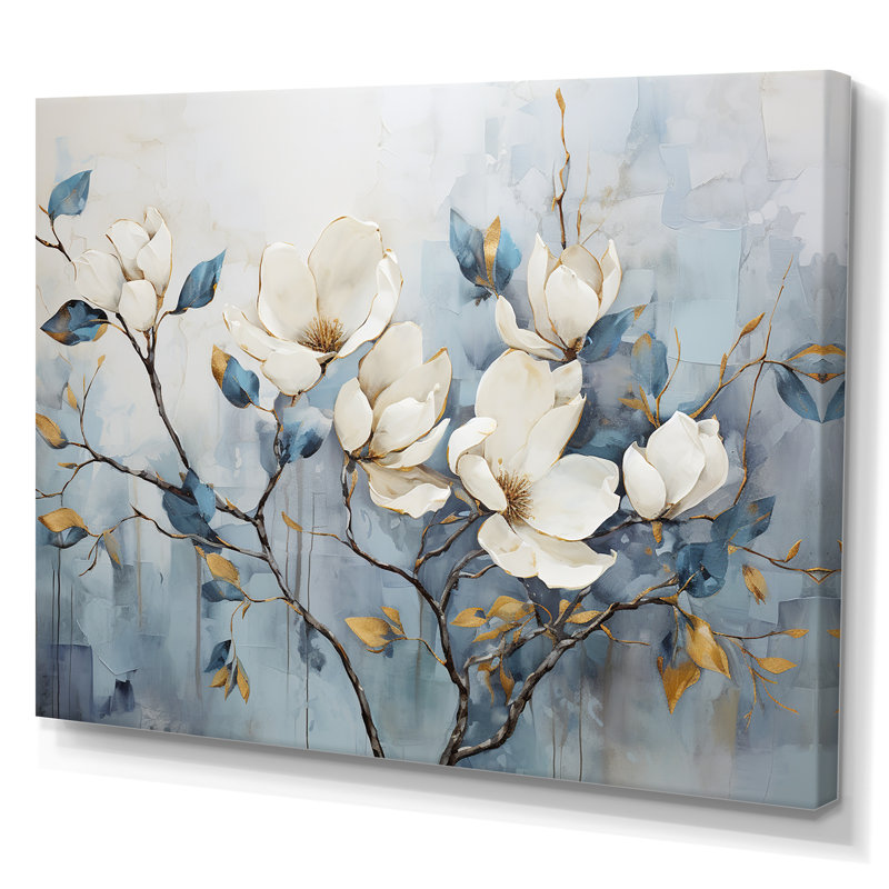 Elegant White and Blue Magnolias Tranquillity - Print on Canvas, 34" H x 44" W, Wrapped Canvas, No Frame