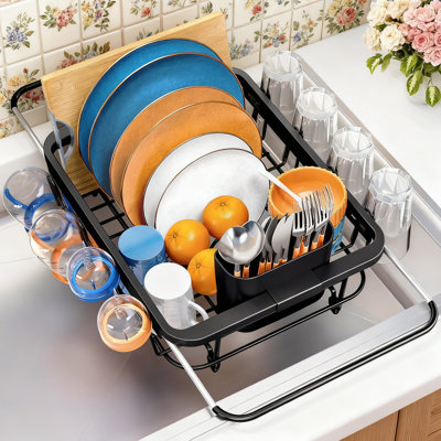 Over The Sink Dish Drying Rack, Expandable Stainless Steel Dish Drainer With Utensil Holder, Adjustable Kitchen Sink Organizer For Dishes, Glasses & Cutting Board