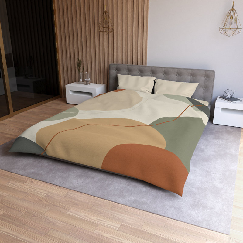 Microfiber Duvet Cover Boho Style, Design 12, Queen Duvet Cover, Natural/Green/Orange/Cream