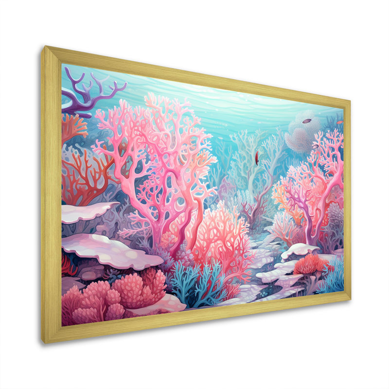 Corail, gorgonacées, monde marin sur toile, H 16 po x l 32 po x P 1 po, Encadrement doré