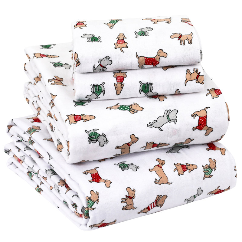 Colyt 100% Cotton Flannel Sheet Set, King Sheet Case Pack+Fitted Sheet + 2 Pillowcase, Winter Dogs