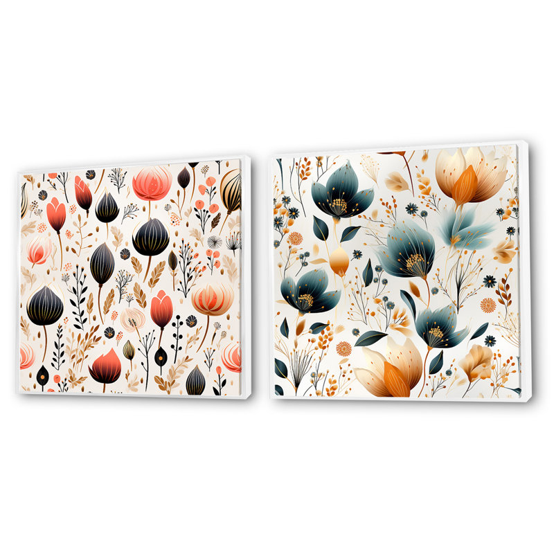 Ensemble de 2 collages carrés botaniques abstraits, H 16 po x l 33 po, Cadre flottant blanc