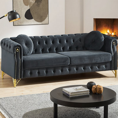 Canapé Chesterfield de 82 po en velours avec boutons capitonnés et clous en cuivre, canapé classique à 3 places avec pieds en métal doré et anneaux d'accoudoirs décoratifs pour un décor personnalisé