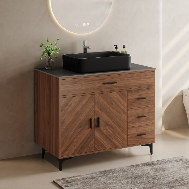 Meuble-lavabo sur pied moderne 36 po avec lavabo vasque noir, comptoir en pierre frittée et armoire en bois