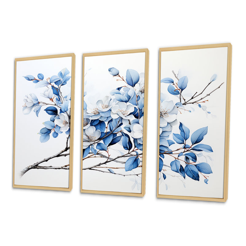 «Blue and Gray Leaves II», ensemble de reproductions d'art mural, H 28 po x l 36 po x P 1 po, Cadre naturel flottant