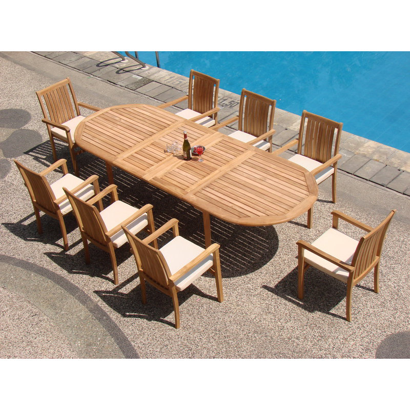 13 Pcs Grade-A Teak Wood Dining Set: 118" Double Extension Mas Oval Trestle Leg Table And Angarano Stacking Arm Chairs #11CH2712
