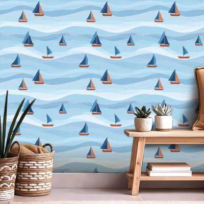 Papier peint auto-adhésif pour enfants, voilage nautique, voiles bleues, eau ondulée auto-adhésive et amovible 24 po x 118 po (60 x 300 cm)