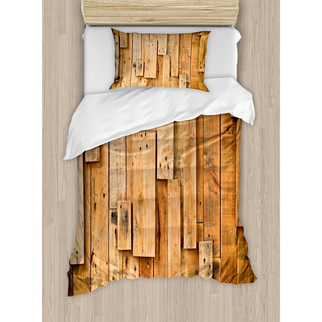 Bettbezug Set, Lodge Wall Planks Drucken, Holz, Orange