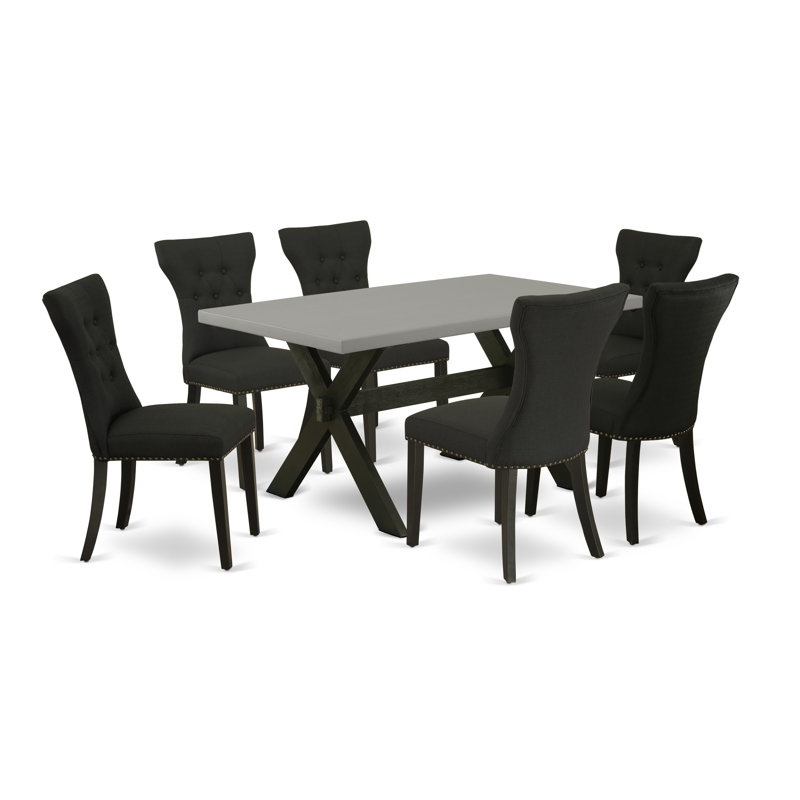 7 Piece Kitchen Table Set Consist of a Rectangle Dining Table with X-Legs and 6 Black Linen Fabric Parson Dining Room Chairs, Wire brushed Black