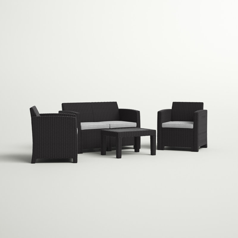 Ensemble de conversation avec canapé et coussins en rotin 4 pièces, Gris anthracite