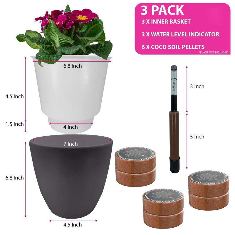 7'' Self Watering Planters For Indoor Plants - With Water Level Indicator For Flower Pot , Grow Tracking Tool - Coco Coir - Grey 3 Pack