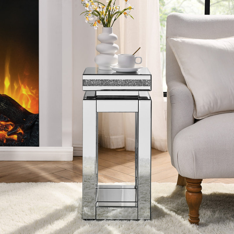 Mirrored End Table Square With Crystals Inlay, 2-Tier Modern Small Sofa Table