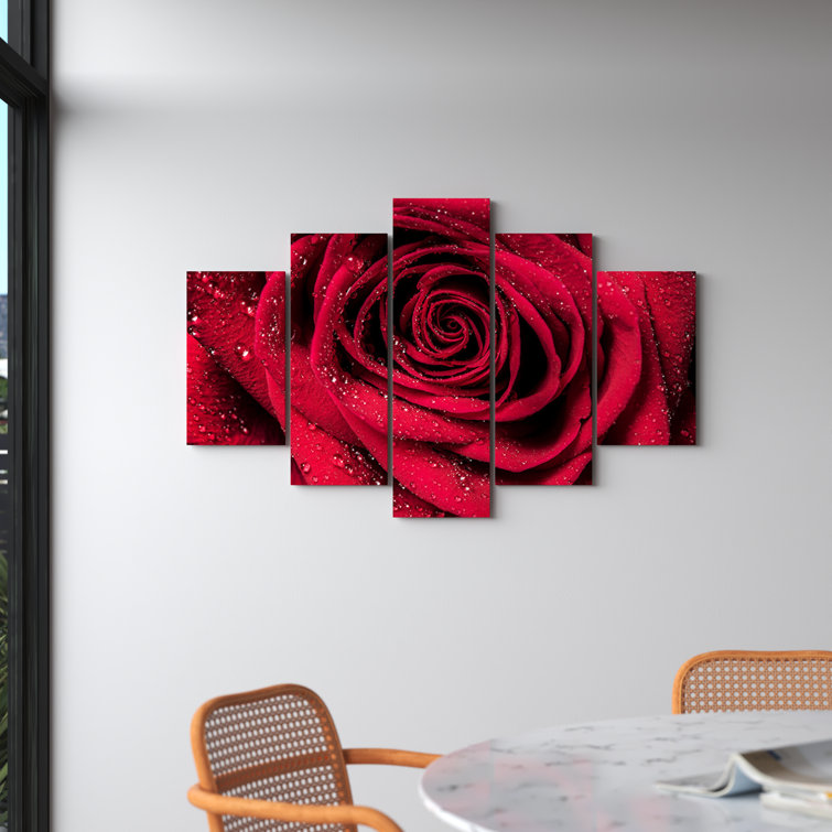 Lukka 'Red Rose Petals with Rain Droplets' - 5 Piece Wrapped Canvas Photograph Set