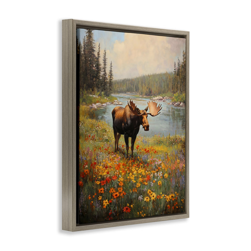Cadre flottant orignal broutant dans les fleurs, design par Franklyn Gregory, H 31 po x l 25 po