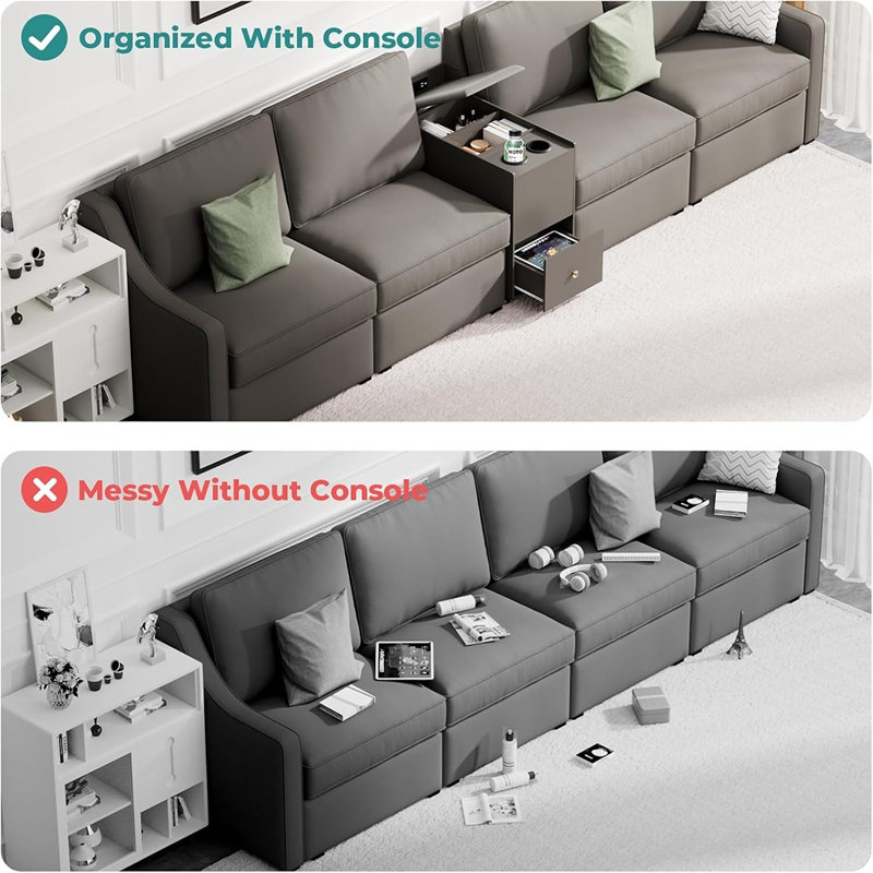 Canapé modulaire modulaire avec console centrale, table d'appoint inclinable avec système d'alimentation intégré, canapé modulaire avec boîte de rangement