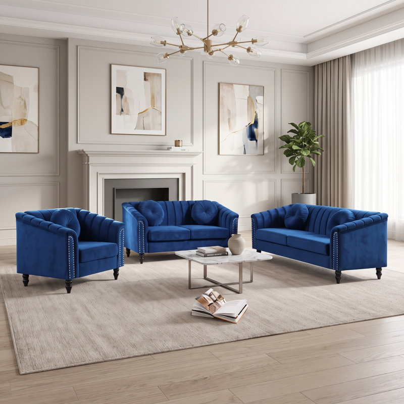 Navy Blue 3-Piece Living Room Set with Channel-Tufted Sofa, Loveseat and Armchair, 3-Piece Set
