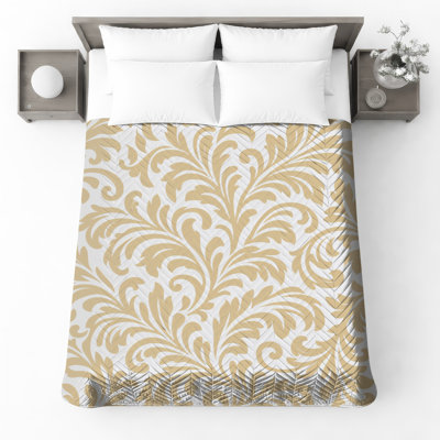 Beige Floral Damask Quilted Thin Bedspread
