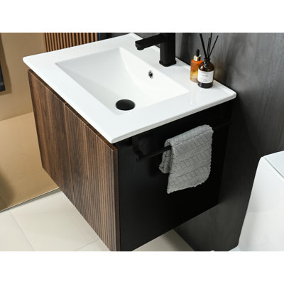 Wall - Mounted 24 Inch Bathroom Vanity , Black Towel Bar, Construction, Ceramic Sink, Soft Closing Buffer Hinges Rack, Structure, Heavy Duty Construction