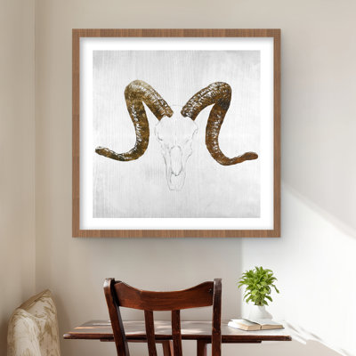 Aeries Skull with Brown Horns - Framed Matted Print Decor