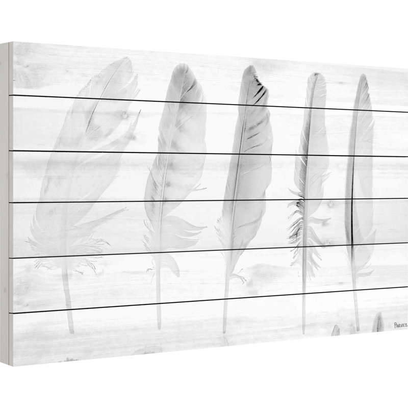 «Cinq plumes blanches» par Parvez Taj, reproduction d'art sur bois, 24 po x 36 po
