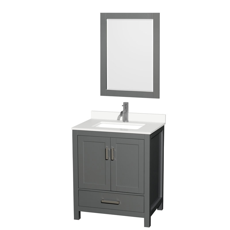 Sheffield 30" Freestanding Single Bathroom Vanity with Quartz Top with 24" Mirror, Chrome, Dark Gray, White Quartz