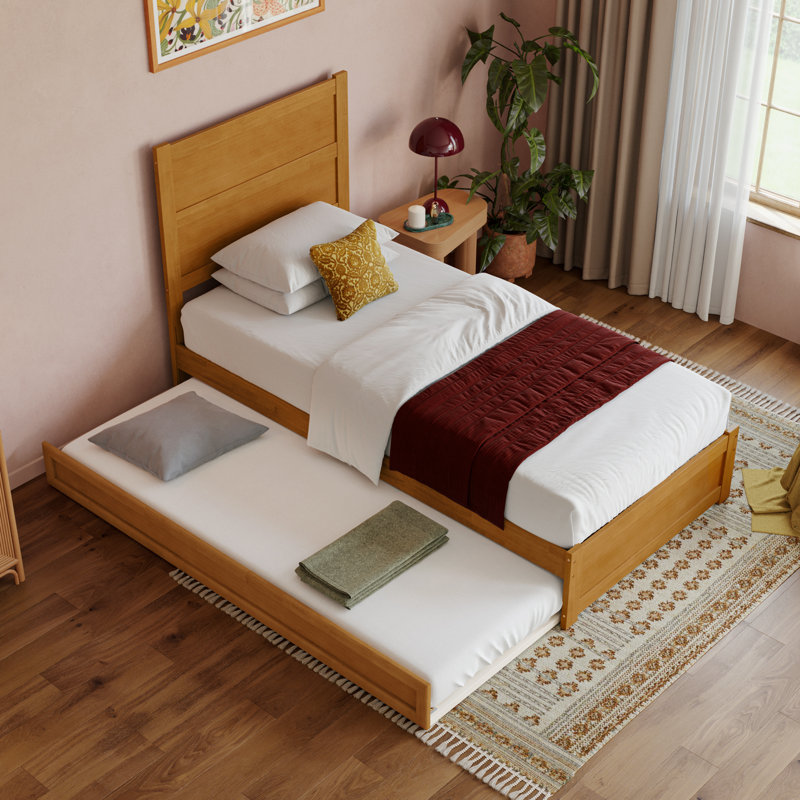 Lit plateforme en bois avec pied de lit et gigogne Aveline, Très grand simple, Caramel clair