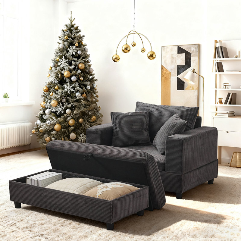 Corduroy Upholstered Sofa Lounge Chair with Removable Storage Ottoman and Pillows, Gray, Storage Ottoman