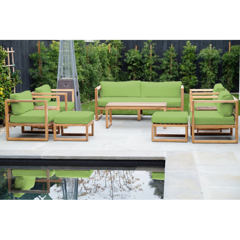 Venice 8 Pc Teak Outdoor Sofa Conversation Seating Group with Sunbrella Cushions, Ginkgo