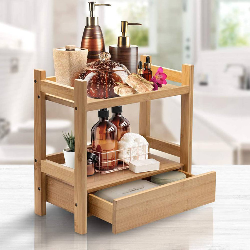 Organisateur de comptoir en bambou à 2 niveaux avec tiroir caché - meuble-lavabo de salle de bain et rangement de cuisine, 13 po