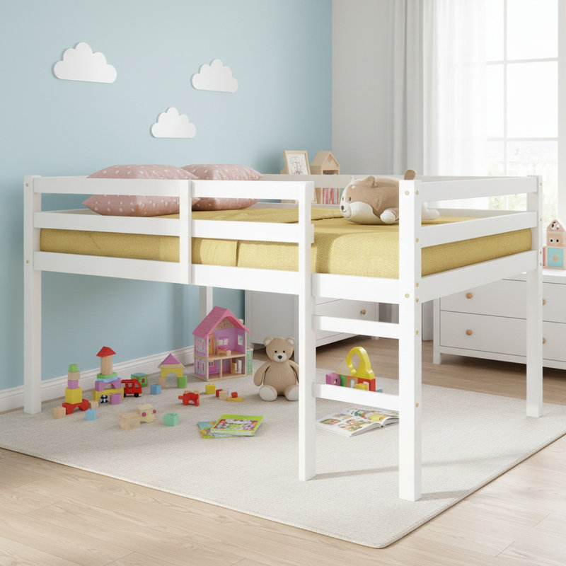 Solid Wood Twin Low Loft Bed with Ladder, Platform Bed with Strengthened Slats for Boys& Girls, Twin, White