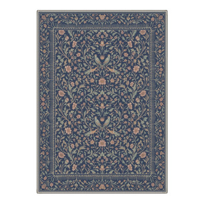 Auraflora Vintage Floral Machine Washable Blue Indoor Area Rug with Non-Slip Backing