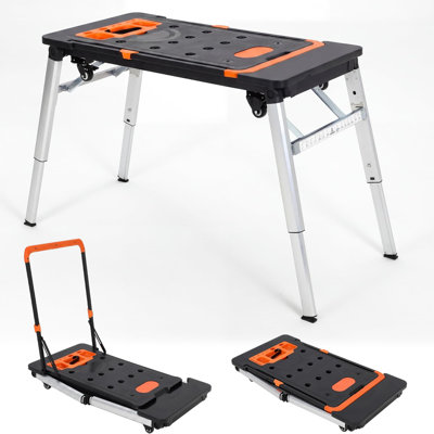 7-in-1 Portable Workstation - Multifunctional Folding Workbench with Wheels, Converts to Sawhorse, Low Work Platform, Car Creeper & Hand Truck for Garage & Woodworking