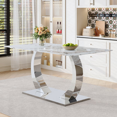 Table de salle à manger en acier inoxydable transformable à base en verre trempé de luxe à motif de Pandora blanc pour table de salle à manger