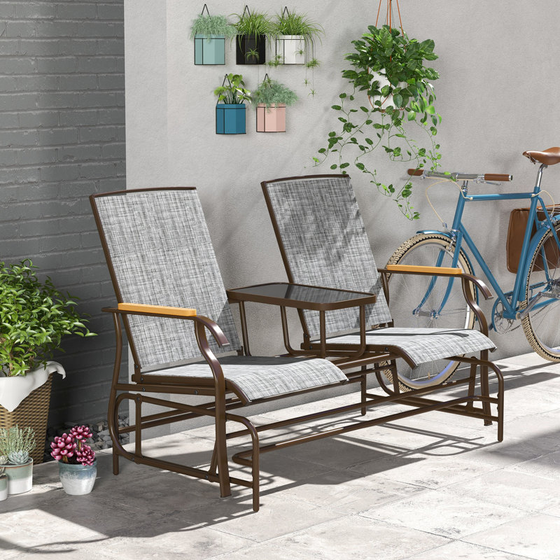 Fauteuil oscillant d'extérieur pour 2 personnes avec - table - banc gris - cadre et sièges en filet