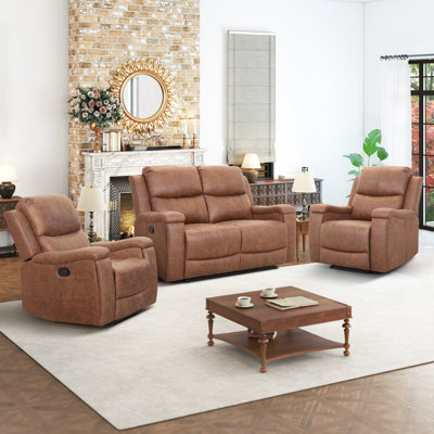 3-Piece Reclining Sofa Set With Two Manual Recliner Chairs And Loveseat, Vegan Leather, Cup Holders