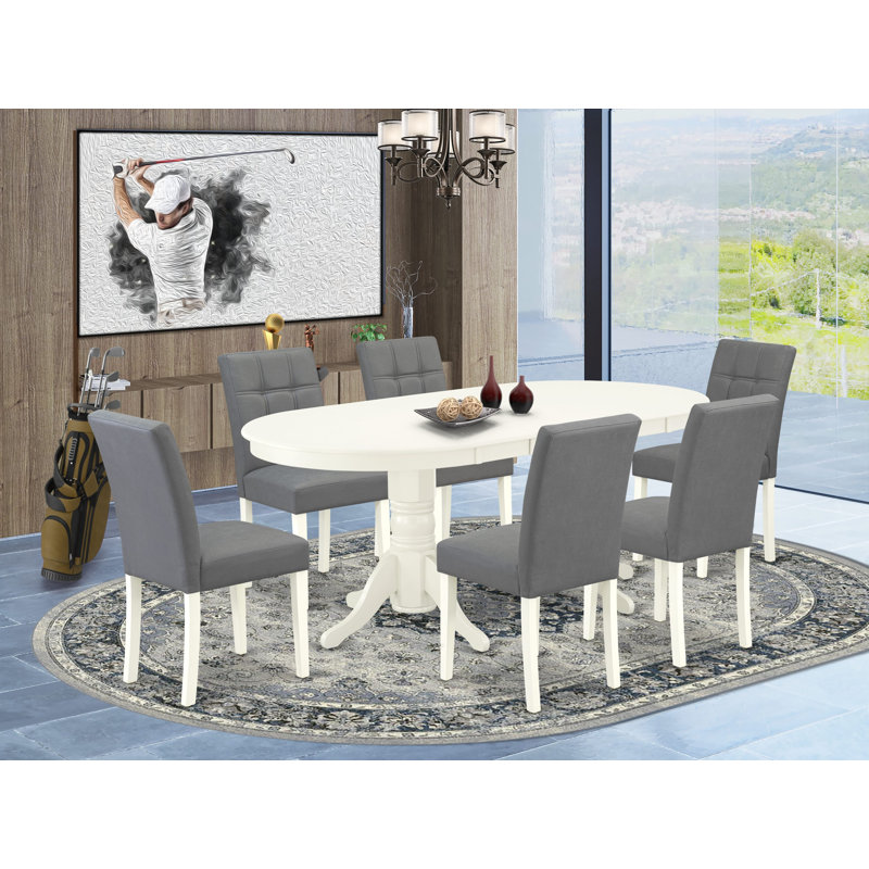 L'ensemble de table de salle à manger moderne 7 pièces contient une table de salle à manger et 6 chaises en similicuir gris platine avec dossier élégant - lin blanc
