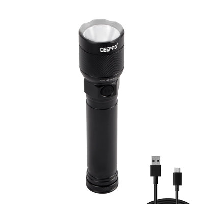 GEEPAS Handheld LED Flashlight | 500 Lumen Super Bright Powerful 2000mAh Battery Type-C Rechargeable | 3H Runtime 4 Modes | Waterproof Pocket Size Torch for Power Cuts Emergency Camping Hiking Outdoor [Energy Class A]