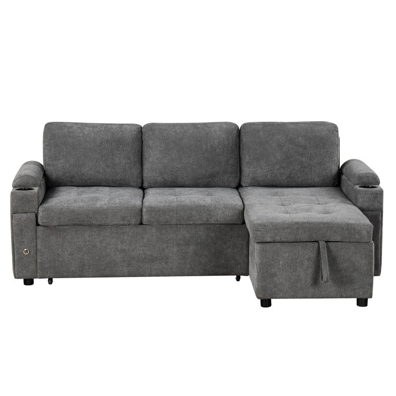 Canapé-lit modulaire convertible avec rangement caché, porte-gobelets, hublots, chenille douce, méridienne réversible 83,5 po