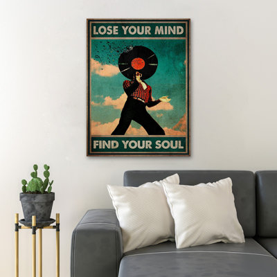 Man In Red With Vinyl Record - Lose Your Mind Find Your Soul Gallery Wrapped Canvas - Music Illustration Decor, Blue And Black Living Room Decor