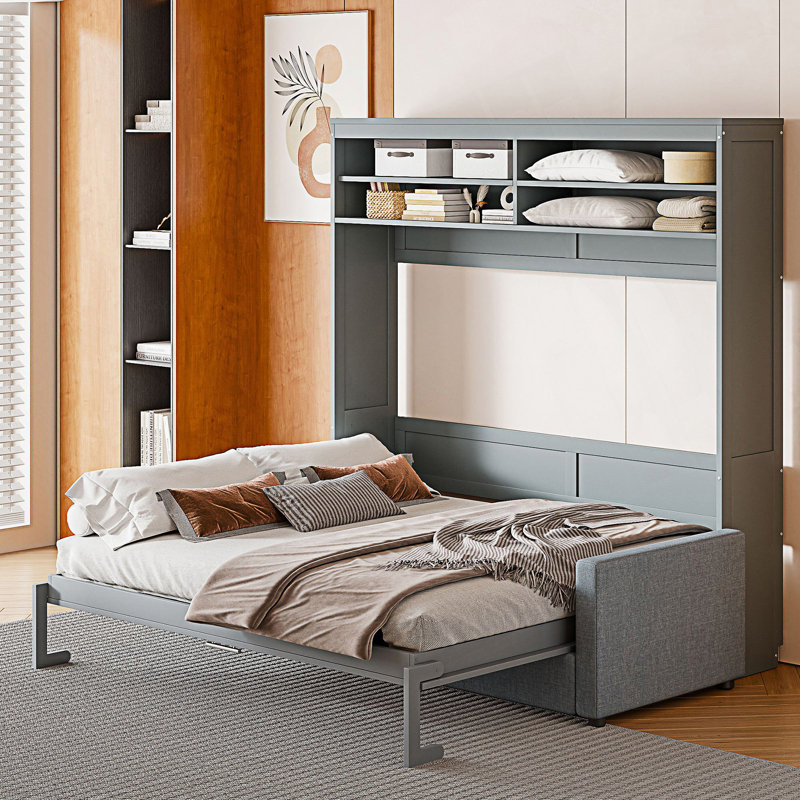 Lit escamotable double, lit escamotable avec rangement, gris
