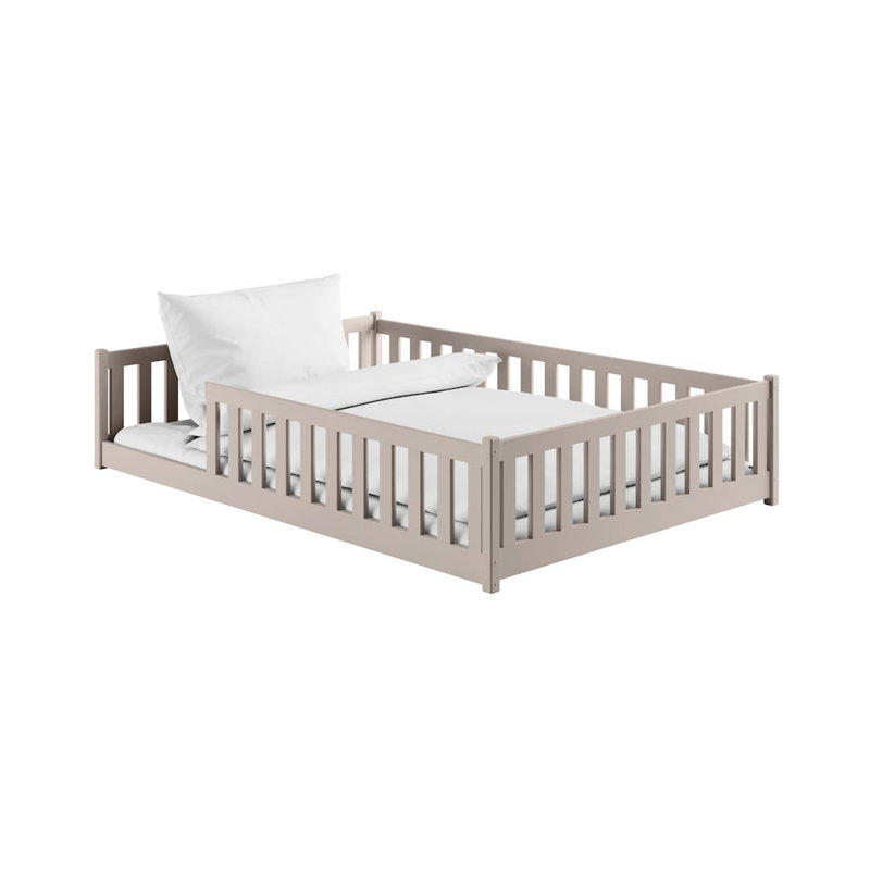 Montessori Wooden Bed Mati EU Double – Floor-Hugging Pine, Secure Guardrail Frame & Slat Kit Included, Cashmere